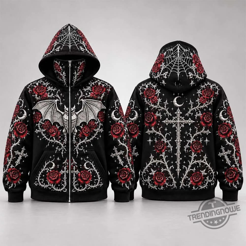 Ethoriel Gothic Bat Rose Cross Print Full Zip Face Mask Hoodie Shirt 9 Ethoriel Gothic Bat Rose Cross Print Full Zip Face Mask Hoodie Shirt