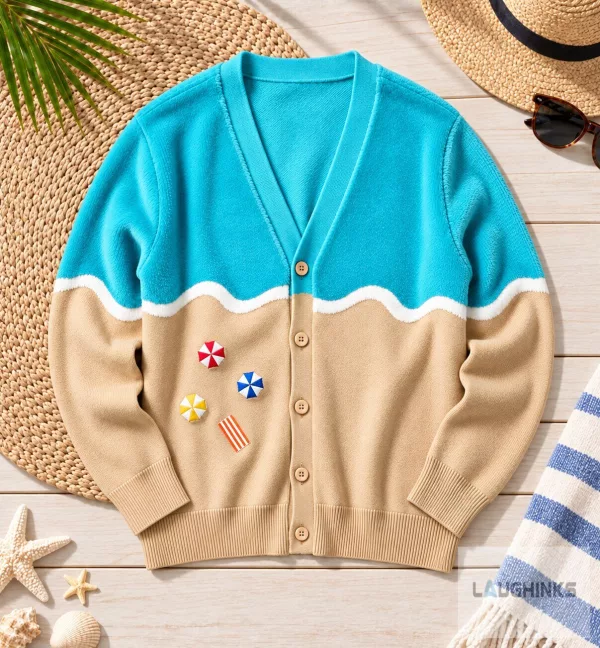 Tropical Beach Waves Knitted Cardigan Landscape Sweater Apparel