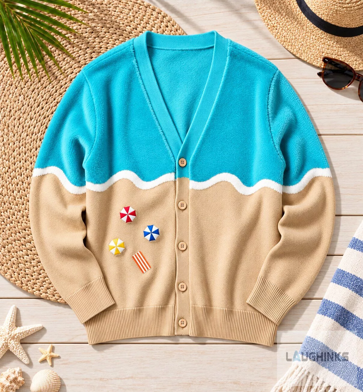 Tropical Beach Waves Knitted Cardigan Landscape Sweater Apparel