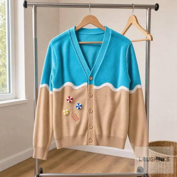 Tropical Beach Waves Knitted Cardigan Landscape Sweater Apparel