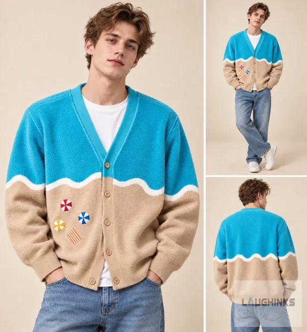Tropical Beach Waves Knitted Cardigan Landscape Sweater Apparel