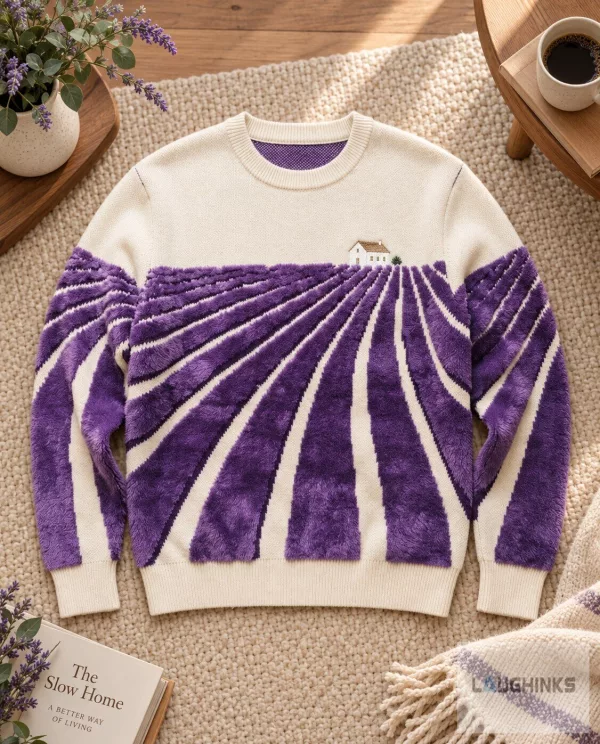 Ugly Lavender Field Landscape Knitted Sweater Apparel