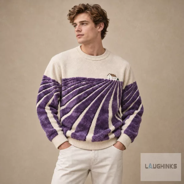 Ugly Lavender Field Landscape Knitted Sweater Apparel
