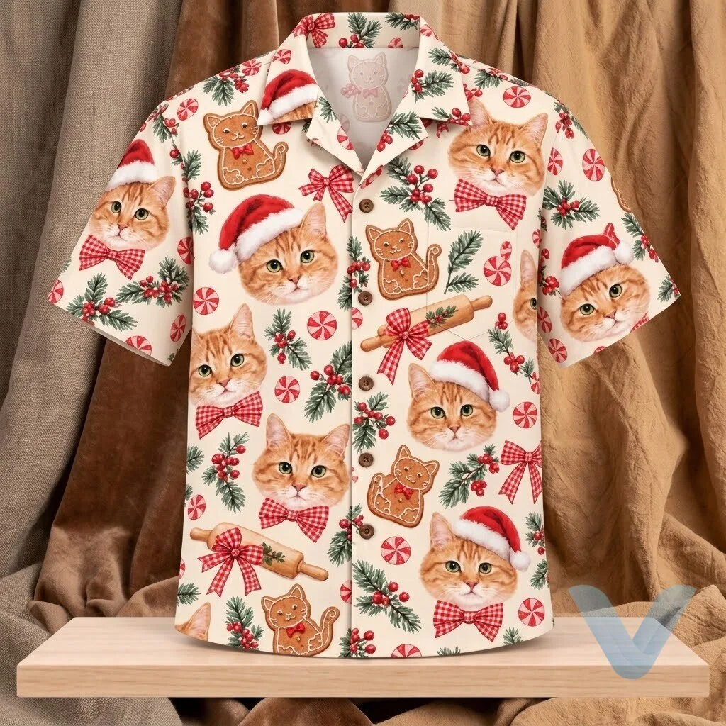 Home 4 Gingerbread Cat & Santa Bow Christmas 2026 Hawaiian Shirt
