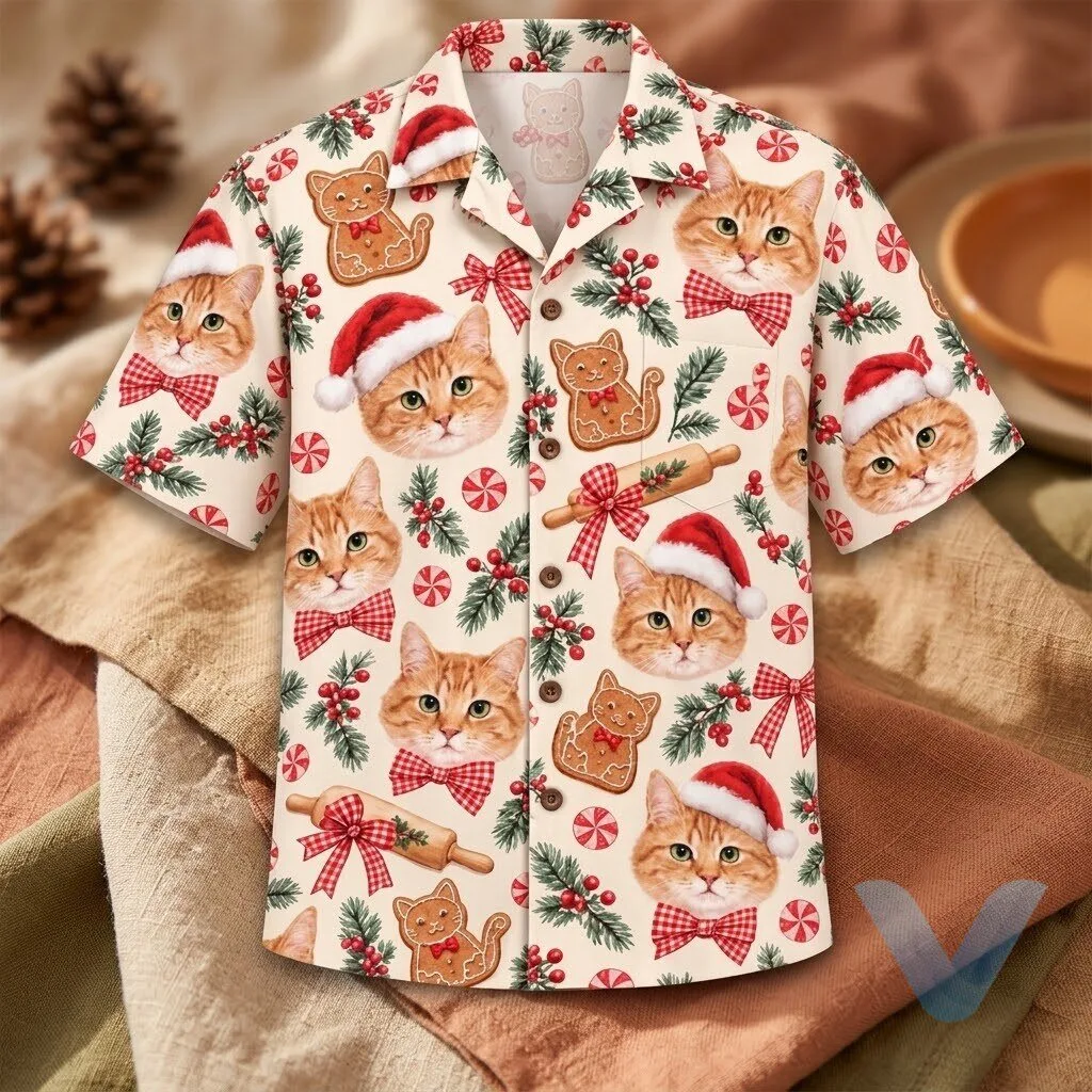 Gingerbread Cat & Santa Bow Christmas 2026 Hawaiian Shirt