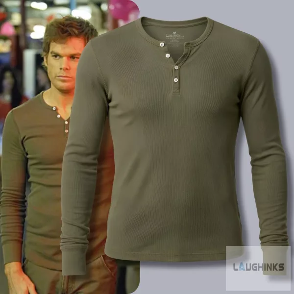 Army green long-sleeve Henley shirt worn by Dexter Morgan