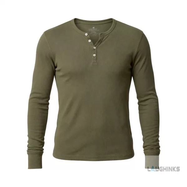 Army green long-sleeve Henley shirt worn by Dexter Morgan