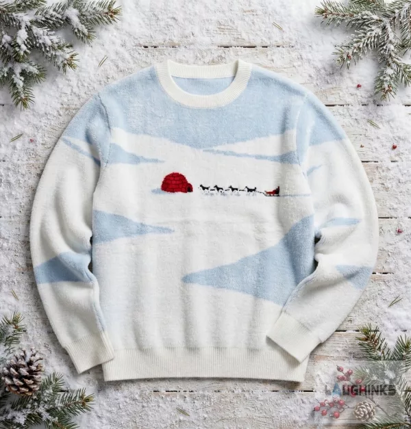 Ugly Christmas Sweater Arctic Igloo Dog Sled Winter Graphic Apparel