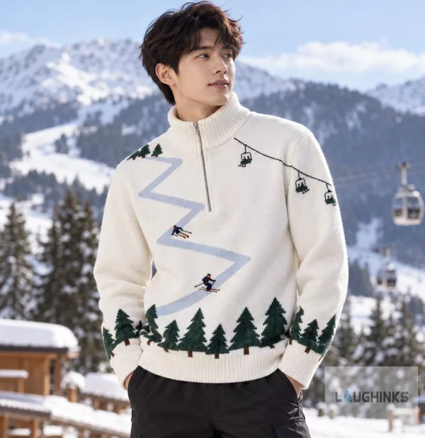 Ski Resort Mountain Graphic Quarter Zip Sweater Winter Holiday Apparel