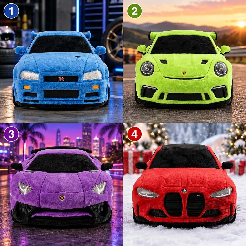 "2026 Trendy Shirts and Plush Toys: Hello Kitty, Cars & More" 4 Plushcarz Nissan GT-R Porsche Lamborghini And BMW Sports Car Plush Toy Collection
