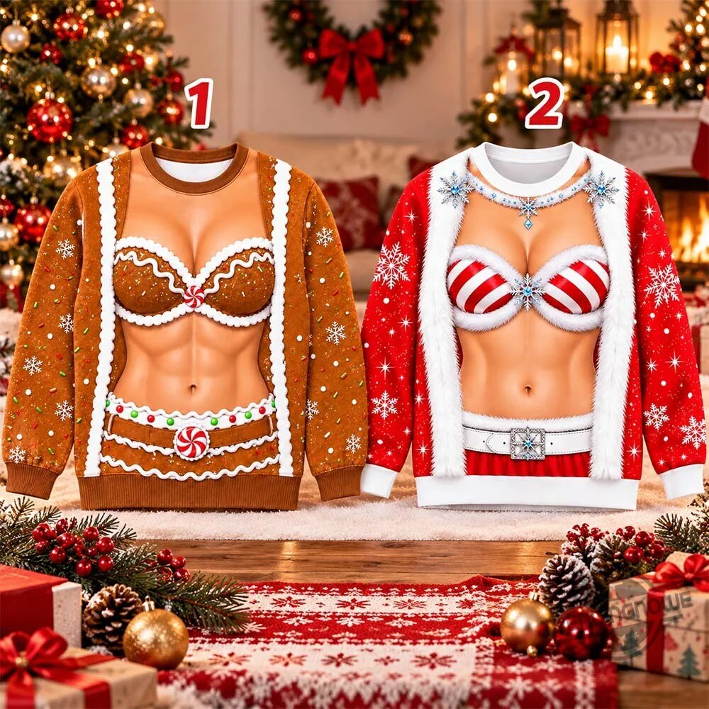 Merrytease Funny Women Bikini Chest 3D Printed Ugly Christmas Sweater Shirt