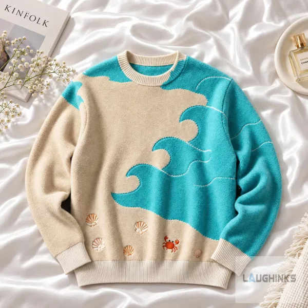 Ugly Christmas Sweater Ocean Beach Wave Seashell Crab Apparel