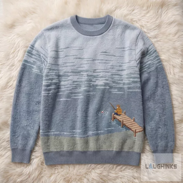 Ugly Christmas Sweater Lake Fishing Wooden Dock Graphic Apparel