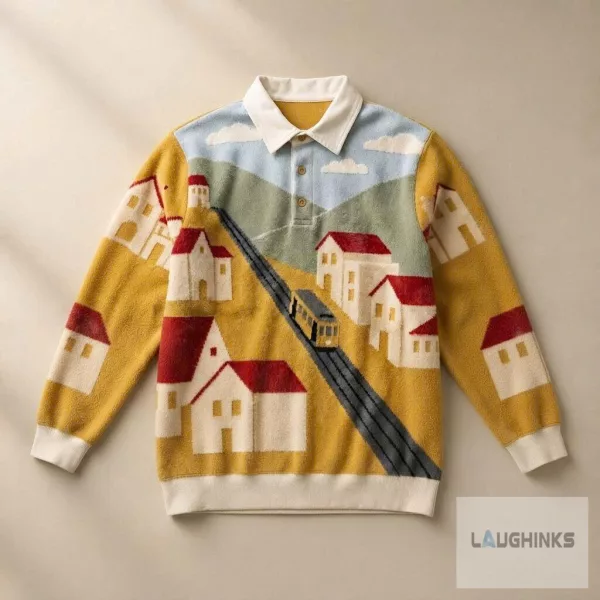 European Village Tram Graphic Polo Sweater Landscape Apparel