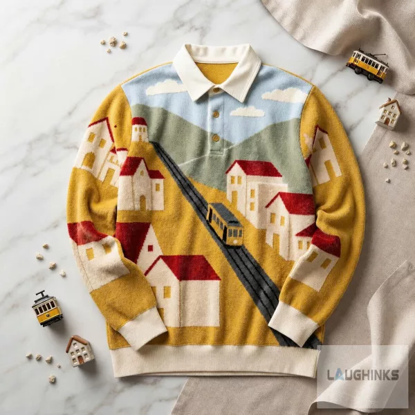 European Village Tram Graphic Polo Sweater Landscape Apparel