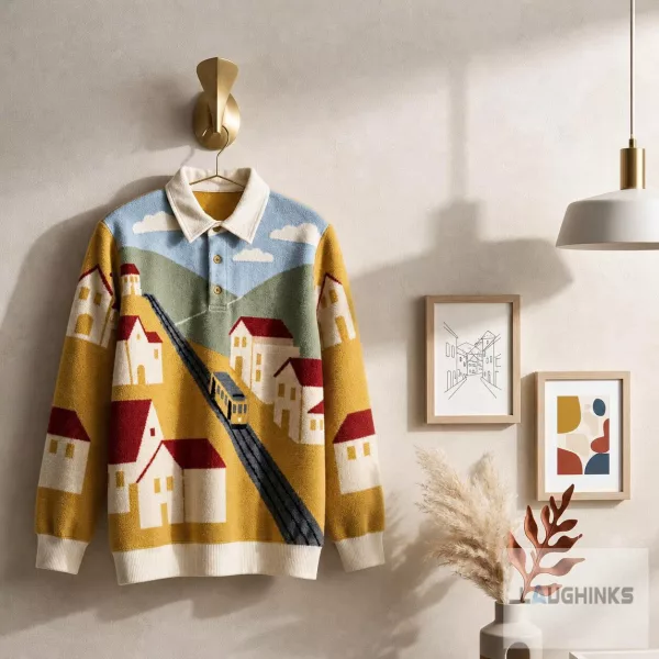 European Village Tram Graphic Polo Sweater Landscape Apparel