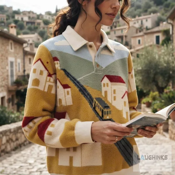 European Village Tram Graphic Polo Sweater Landscape Apparel