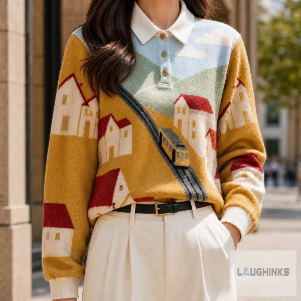 European Village Tram Graphic Polo Sweater Landscape Apparel