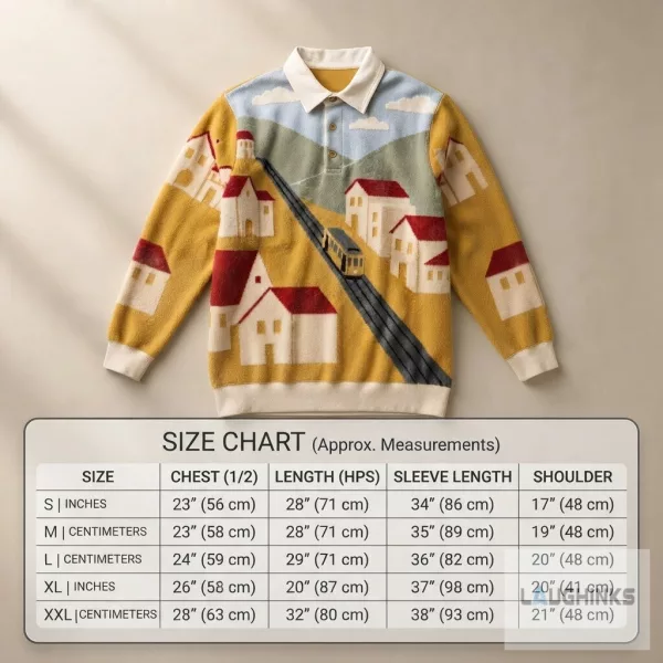 European Village Tram Graphic Polo Sweater Landscape Apparel