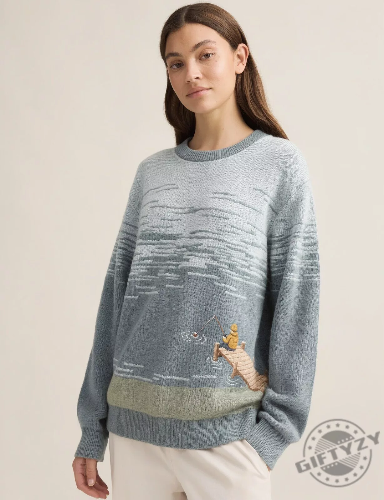 blue scenic lake and fishing pier sweater