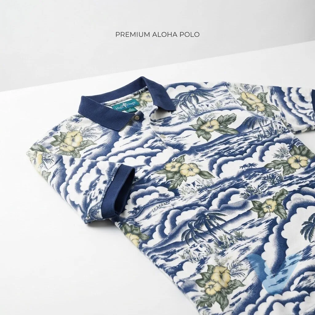 RJ Decker Scott Speedman Better Luck Tomorrow Big Dogs Polo Shirt Blue Hawaiian Floral Palm Trees Dog Beach