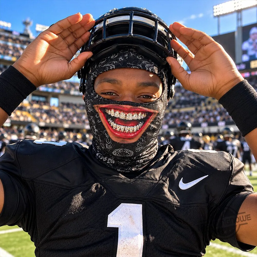 "Top 5 Unique Holiday Gifts: From Breakdance Santa to Rock Hoodies" 4 Gridirongrins Justin Fields Diamond Grillz Ski Mask Balaclava Football Hood