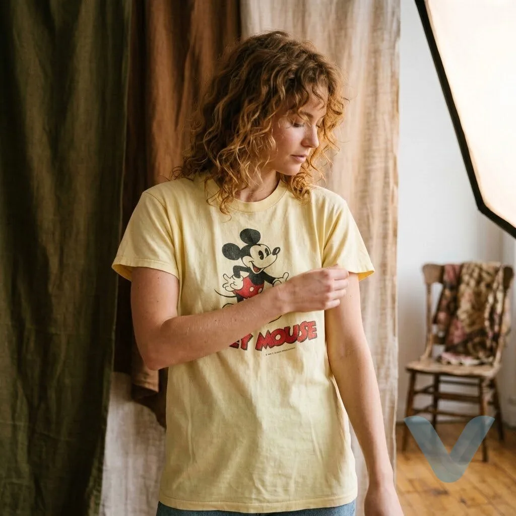 Jennifer Lawrence vintage yellow Mickey Mouse graphic T shirt