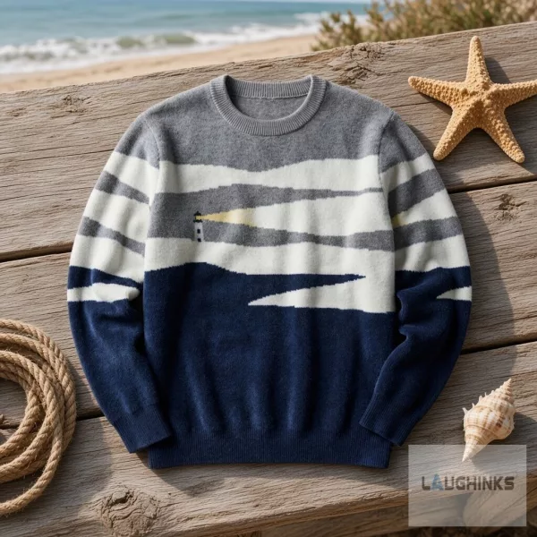 Coastal Lighthouse Ocean Graphic Crewneck Knit Sweater Nautical Beach Apparel