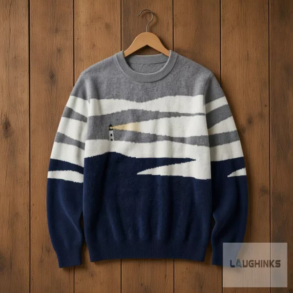 Coastal Lighthouse Ocean Graphic Crewneck Knit Sweater Nautical Beach Apparel