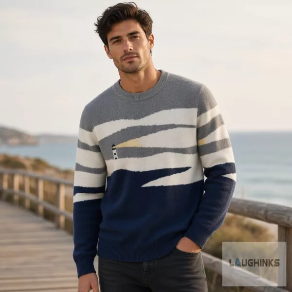 Coastal Lighthouse Ocean Graphic Crewneck Knit Sweater Nautical Beach Apparel