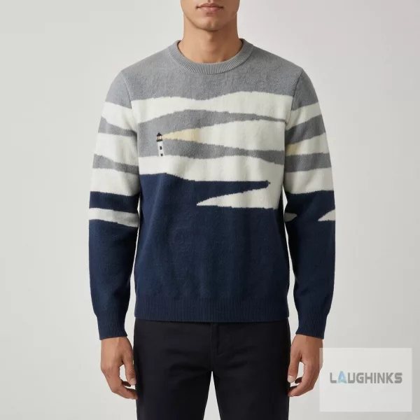 Coastal Lighthouse Ocean Graphic Crewneck Knit Sweater Nautical Beach Apparel
