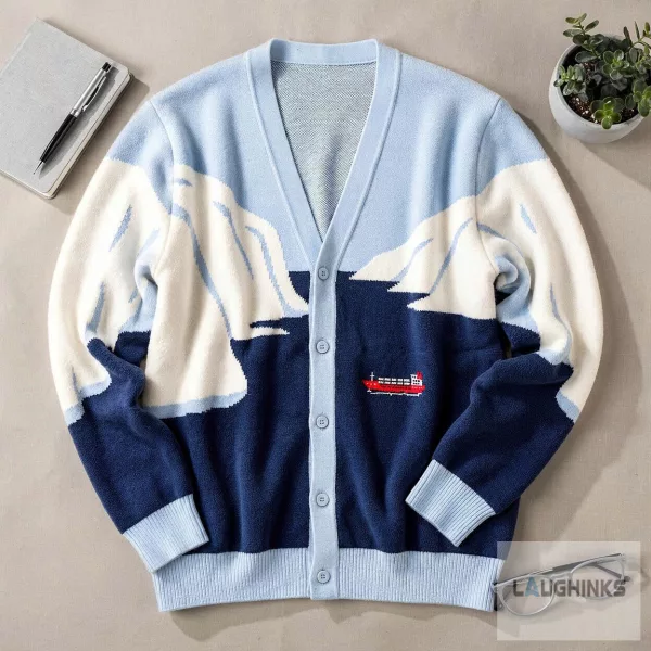 Iceberg Mountain Cargo Ship Graphic Cardigan Sweater