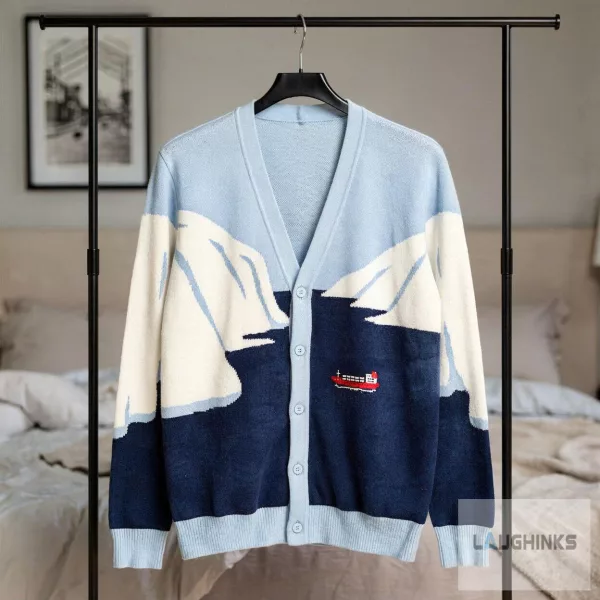 Iceberg Mountain Cargo Ship Graphic Cardigan Sweater