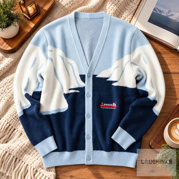 Iceberg Mountain Cargo Ship Graphic Cardigan Sweater