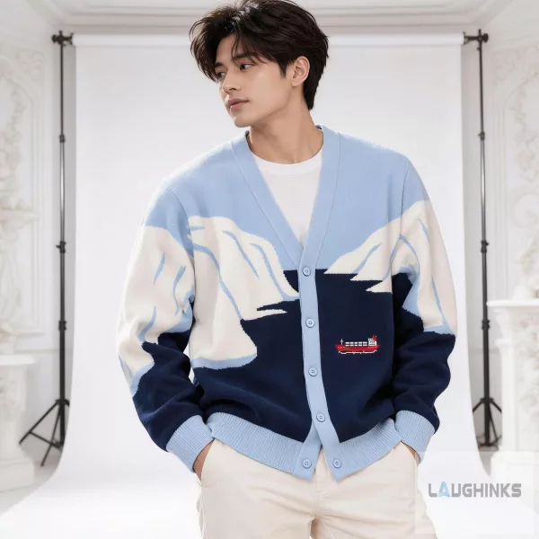 Iceberg Mountain Cargo Ship Graphic Cardigan Sweater