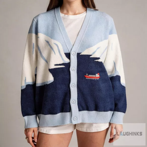 Iceberg Mountain Cargo Ship Graphic Cardigan Sweater