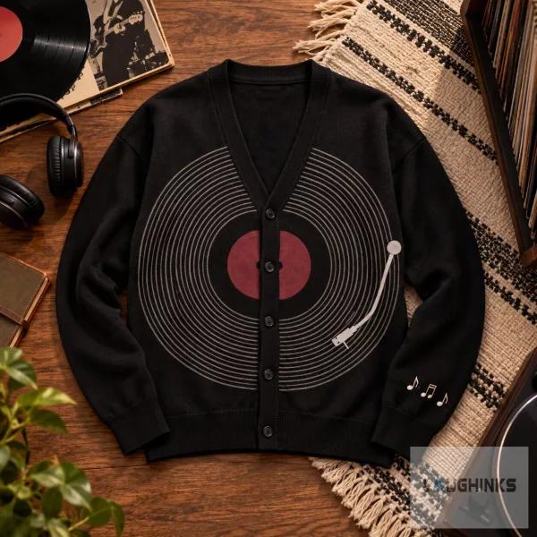Vinyl Record Turntable Music Graphic Cardigan Sweater