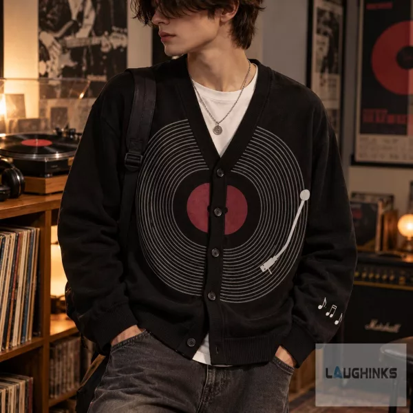 Vinyl Record Turntable Music Graphic Cardigan Sweater 2 Vinyl Record Turntable Music Graphic Cardigan Sweater