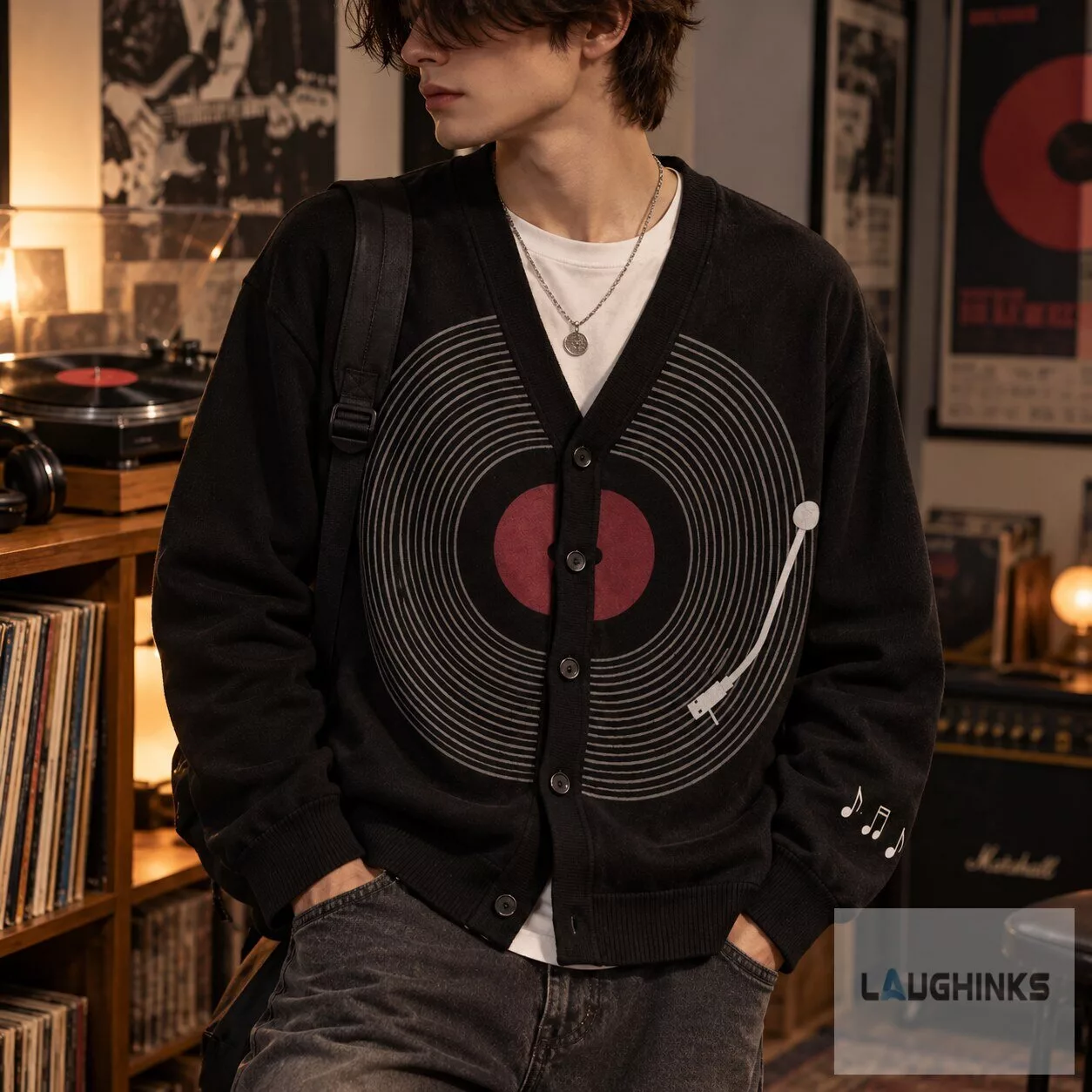 Vinyl Record Turntable Music Graphic Cardigan Sweater 6 Vinyl Record Turntable Music Graphic Cardigan Sweater