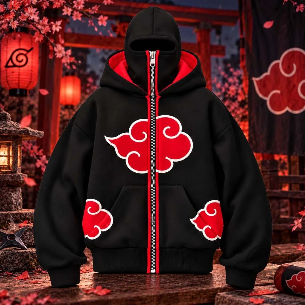 Anirogue Naruto Akatsuki Red Cloud Full Zip Masked Hoodie Shirt