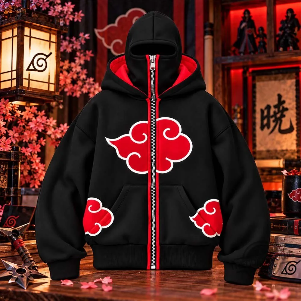 Anirogue Naruto Akatsuki Red Cloud Full Zip Masked Hoodie Shirt 7 Anirogue Naruto Akatsuki Red Cloud Full Zip Masked Hoodie Shirt