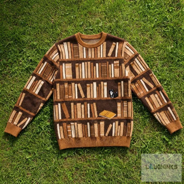 Ugly Bookshelf Books Library Cat Graphic Knit Pullover Sweater
