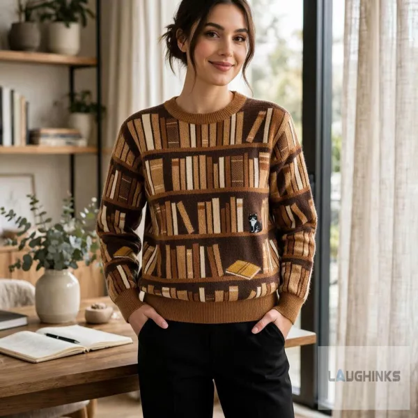 Ugly Bookshelf Books Library Cat Graphic Knit Pullover Sweater