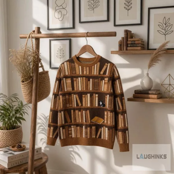 Ugly Bookshelf Books Library Cat Graphic Knit Pullover Sweater