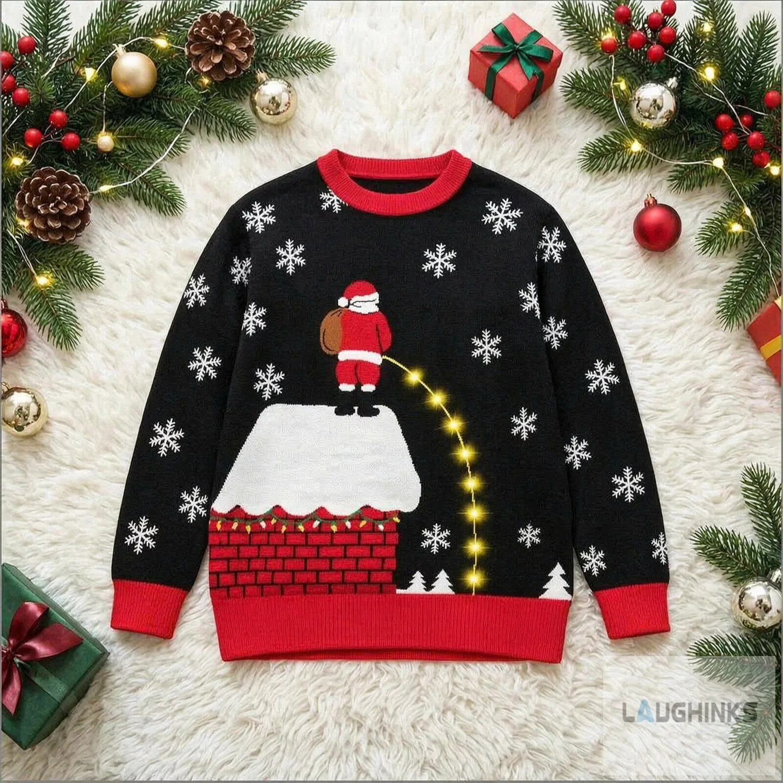 Ugly Christmas Peeing Santa Claus Chimney Light Up Graphic Knit Pullover 3 Ugly Christmas Peeing Santa Claus Chimney Light Up Graphic Knit Pullover