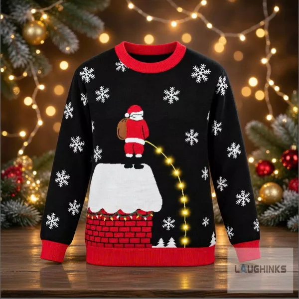 Ugly Christmas Peeing Santa Claus Chimney Light Up Graphic Knit Pullover 1 Ugly Christmas Peeing Santa Claus Chimney Light Up Graphic Knit Pullover