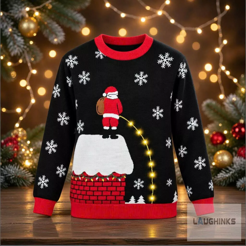 Ugly Christmas Peeing Santa Claus Chimney Light Up Graphic Knit Pullover 4 Ugly Christmas Peeing Santa Claus Chimney Light Up Graphic Knit Pullover