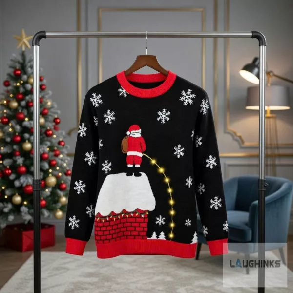 Ugly Christmas Peeing Santa Claus Chimney Light Up Graphic Knit Pullover 2 Ugly Christmas Peeing Santa Claus Chimney Light Up Graphic Knit Pullover