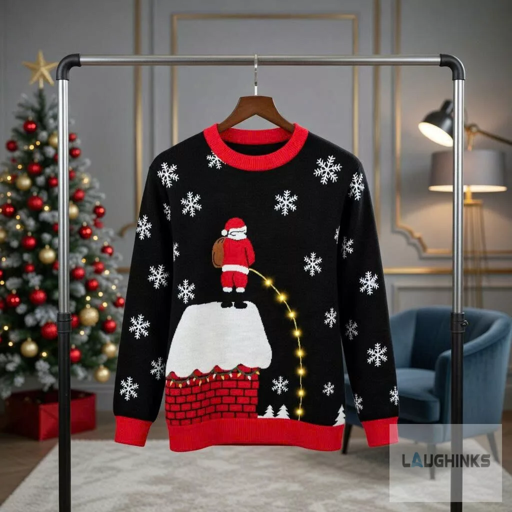 Ugly Christmas Peeing Santa Claus Chimney Light Up Graphic Knit Pullover 5 Ugly Christmas Peeing Santa Claus Chimney Light Up Graphic Knit Pullover