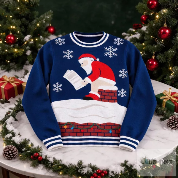 Ugly Christmas Pooping Santa Claus Chimney Newspaper Graphic Knit Pullover
